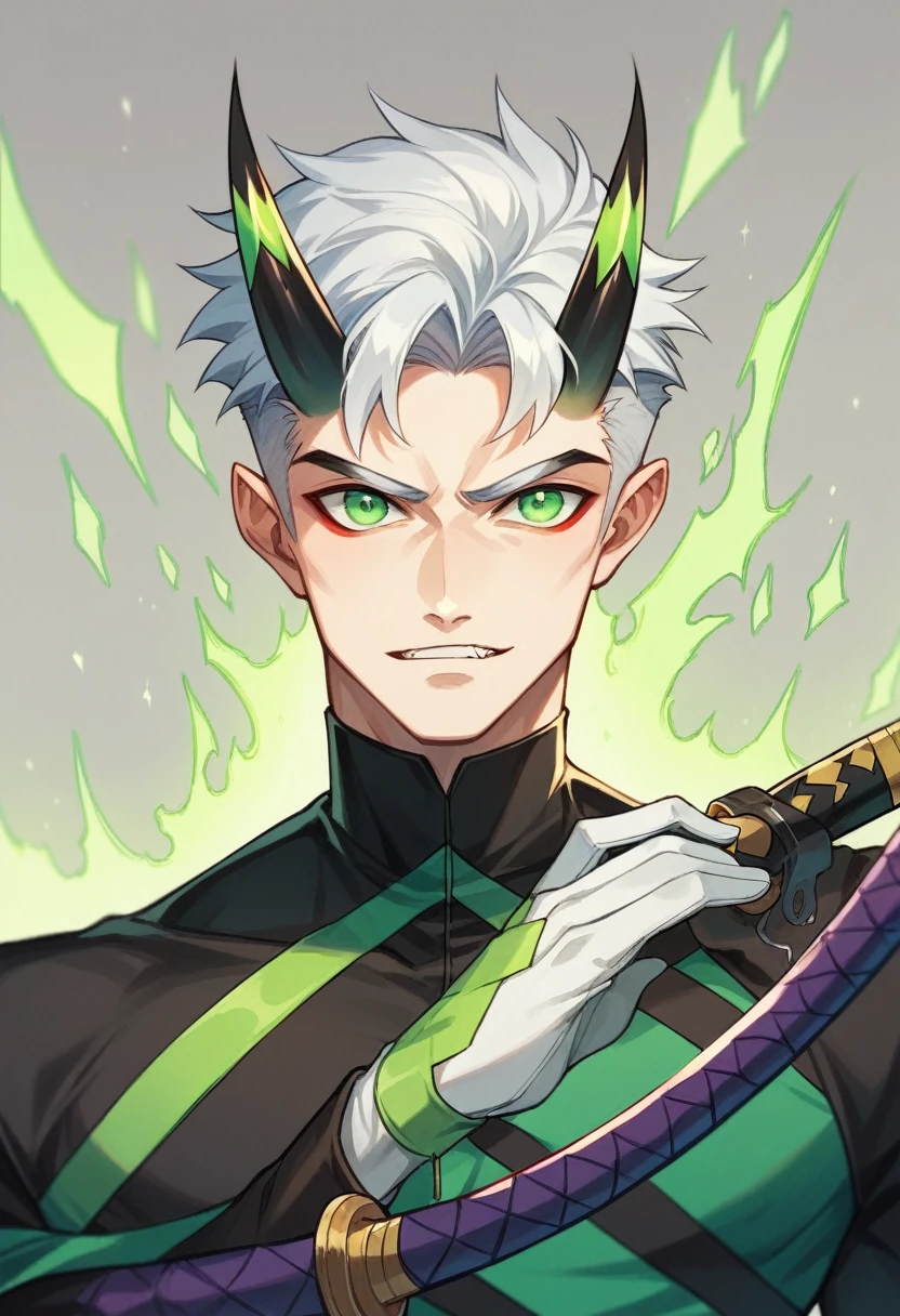 1 men, bonitas, spiky white hair, vibrant green eyes, slim , アニメ, 19yearsold, 19 years, a small black goatee , double katana(attacking with firepower cutting off an oni's head(demoness) ,(demon slayer アニメ), making several attacks with this move)., Tank top , demon slayer, Breath of the Sun, .