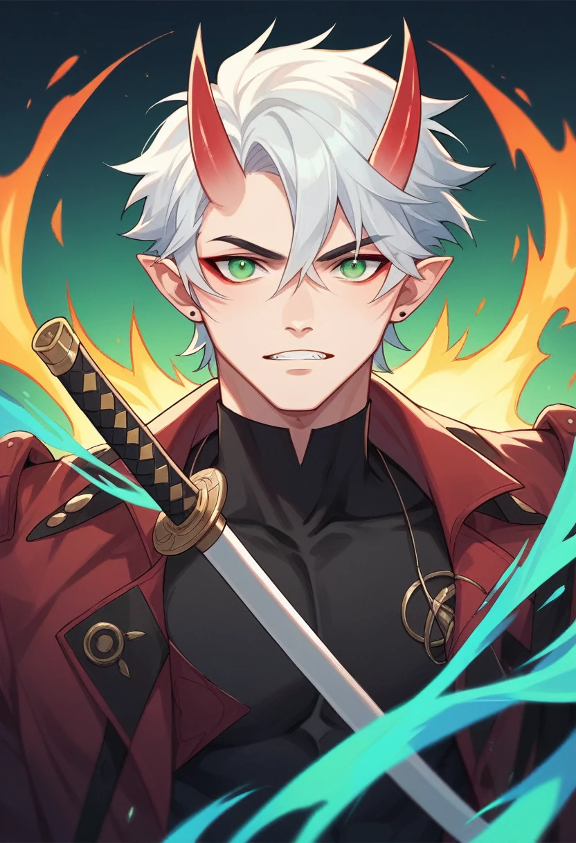 1 men, bonitas, spiky white hair, vibrant green eyes, slim , アニメ, 19yearsold, 19 years, a small black goatee , double katana(attacking with firepower cutting off an oni&#39;s head(demoness) ,(demon slayer アニメ), making several attacks with this move)., Tank top , demon slayer, Breath of the Sun, .