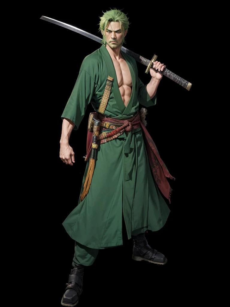 A serious man, with a scar cut eye, green hair, with green samurai robes, holding a katana in one hand.