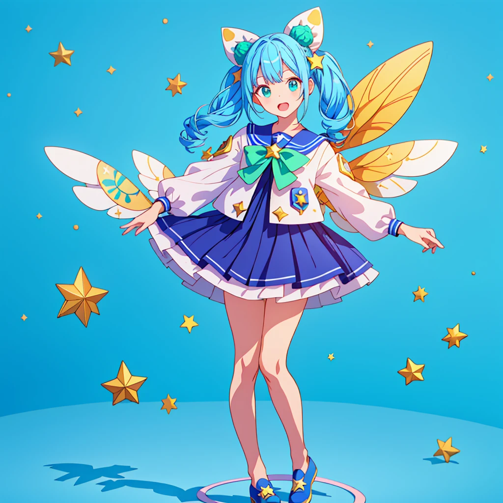 1girl、Standing in front of the viewer、Original, unique and cute hairstyle、Star Fairy、Star incarnation、Character design front view、A picture facing the viewer、(((Super detailed、Highest quality、Masterpiece)))、Original cute hairstyle、Milky white and blue hair color、Simple Green Background、vtuber-fullbody,