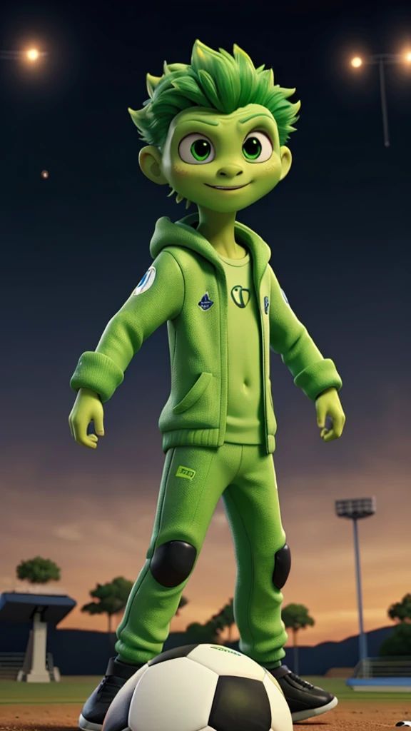 A male green alien playing soccer. On a galaxy
