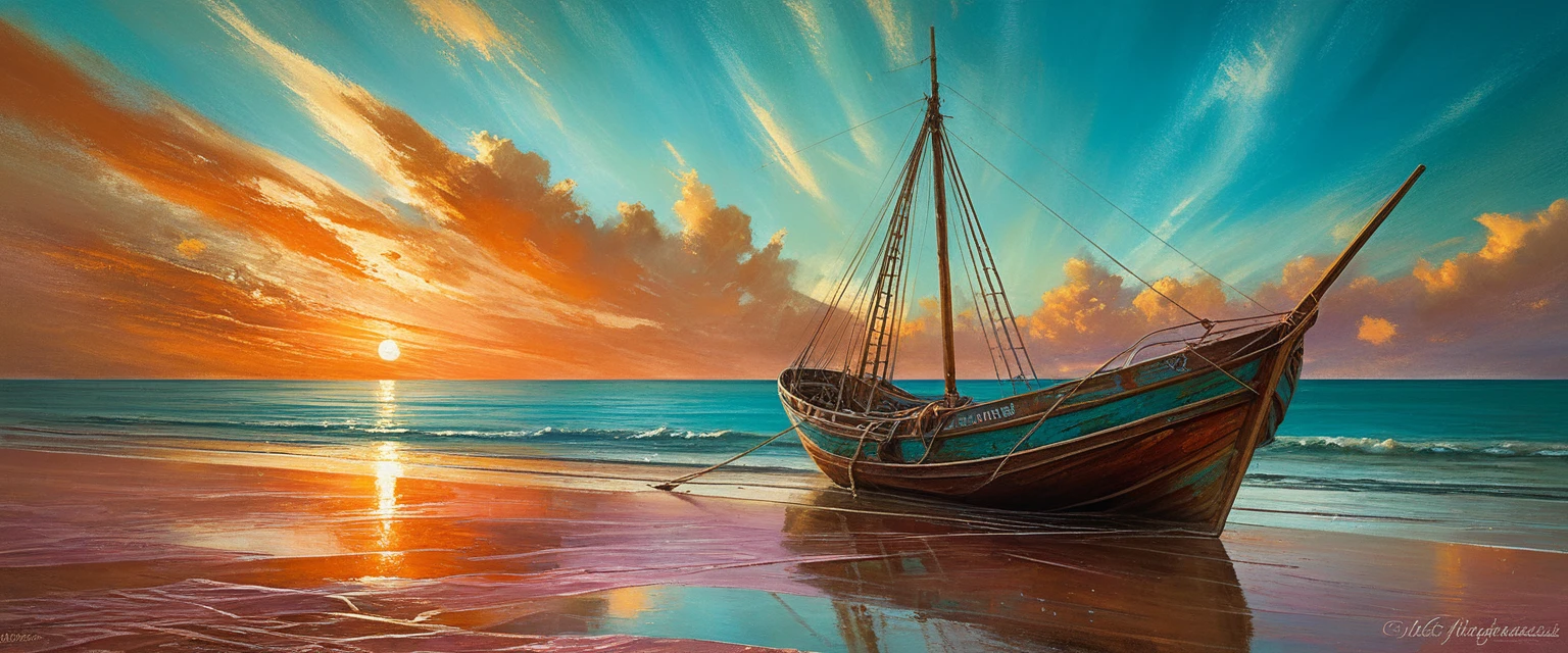 Winner of the award for best photography of the year, (the scene captures with extreme clarity, 
color and texture) a Turquoise Coast of Baja California, capturing the essence of a serene Mexican Panga boat 
anchored in the golden sand of a picturesque beach,((Soft pinkish-orange tones blend with the sky)), 
reminiscent of the magic hour when the sun hides behind the horizon. 
The rule of thirds composition places the ship at the intersection of two diagonals, 
drawing the viewer's attention to the tranquil scene. The brushwork is textured and realistic, 
evoking the style of artists such as Aytek Cetin, Max Rive, Tanmay Sapkal, Andrea Zappia and Daniel Gerhartz.
