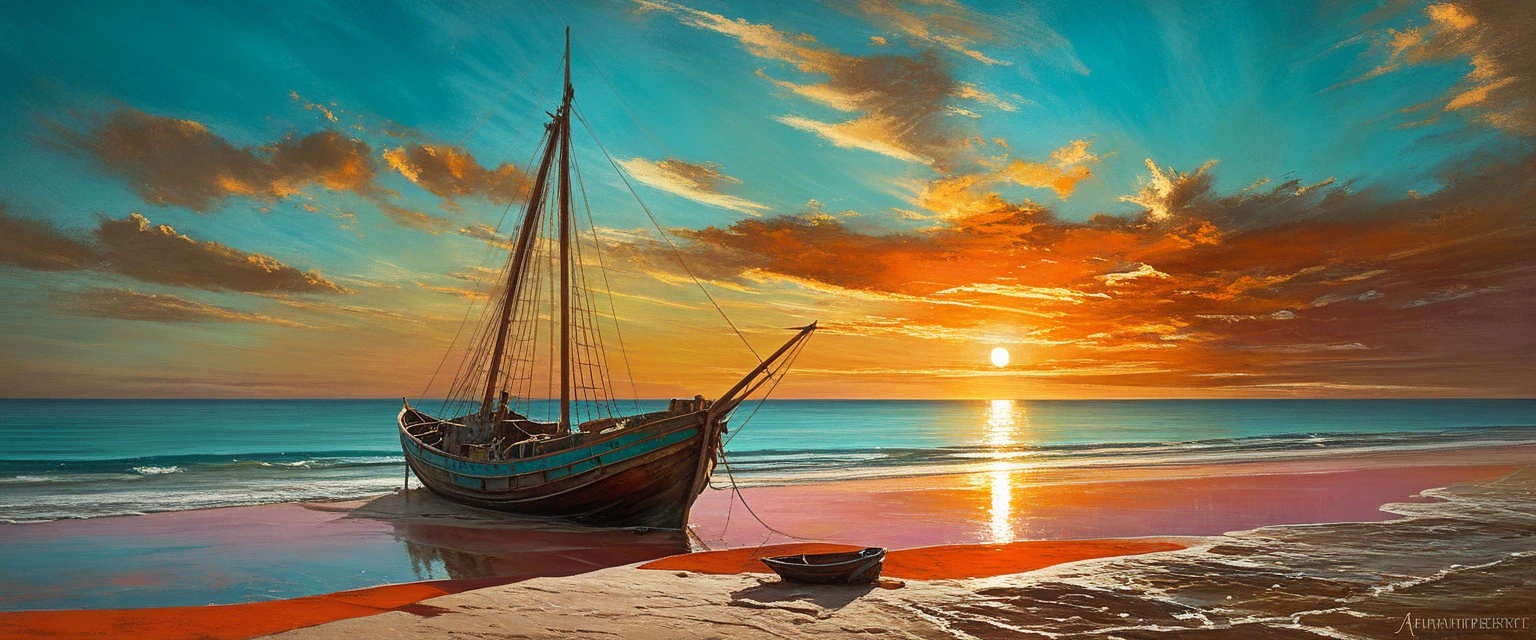 Winner of the award for best photography of the year, (the scene captures with extreme clarity, 
color and texture) a Turquoise Coast of Baja California, capturing the essence of a serene Mexican Panga boat 
anchored in the golden sand of a picturesque beach,((Soft pinkish-orange tones blend with the sky)), 
reminiscent of the magic hour when the sun hides behind the horizon. 
The rule of thirds composition places the ship at the intersection of two diagonals, 
drawing the viewer's attention to the tranquil scene. The brushwork is textured and realistic, 
evoking the style of artists such as Aytek Cetin, Max Rive, Tanmay Sapkal, Andrea Zappia and Daniel Gerhartz.
