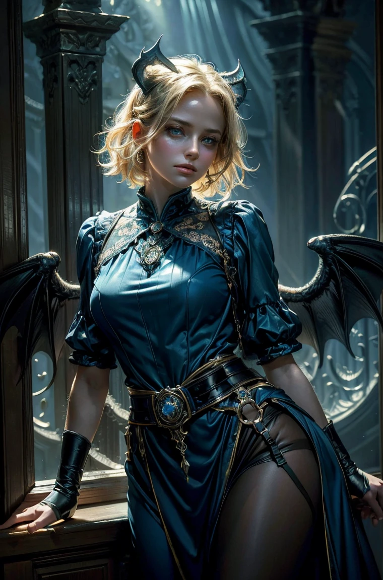 60 year old Standing wearing a ankle length or full colorful dress that covers her thighs BLONDE A female blonde succubus with bat wings tipped with claws, with mesmerizing feature masterpiece, top quality, best quality, official art, beautiful and aesthetic:1.2), (1girl), extreme detailed,(fractal art:1.3), colorful, highest detailed, (masterpiece, best quality:1.3) 1 bright-amber, blue, green cat like-eyes, professional digital painting, Unreal Engine 5. wearing a long dress, Hopeful expression, finely detailed eyes, happy mood, Wearing a full coverage blouse, epic scene, epic composition, Cinematic Lighting, Volumetric Lighting, ethereal light, intricate details, extremely detailed volumetric rays. oil painting, Detailed facial features, Sunlight, bright colors, dramatic lighting, expressive eyes and lips, High Resolution, 4K quality, Photorealistic