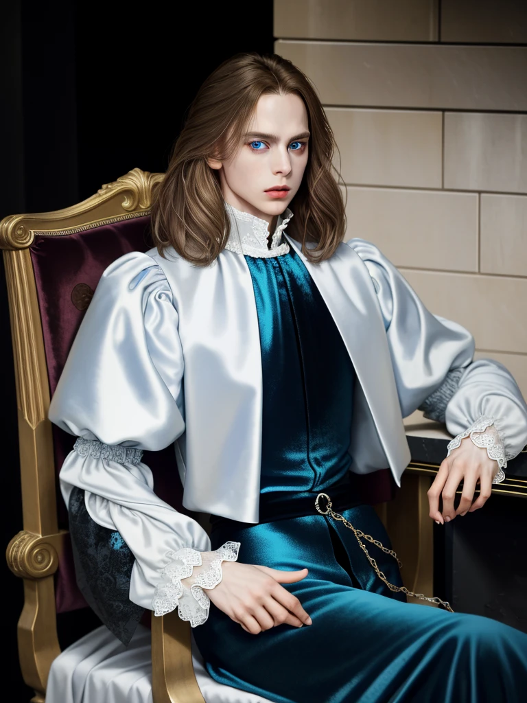 Portrait of Christopher Marlowe, sitting in chair near fireplace, white skin, piercing icy blue eyes, silky golden-brown hair, refined features, charp jawline, clean shaved, black Elizabethan velvet jerkin, white laced shirt, high quality, masterpiece, best quality, highres, 1man
