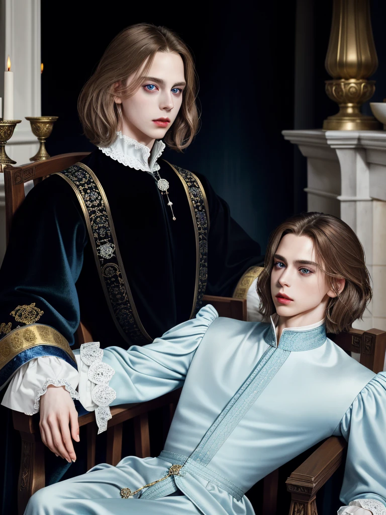 Portrait of Christopher Marlowe, sitting in chair near fireplace, white skin, piercing icy blue eyes, silky golden-brown hair, refined features, charp jawline, clean shaved, black Elizabethan velvet jerkin, white laced shirt, high quality, masterpiece, best quality, highres, 1man