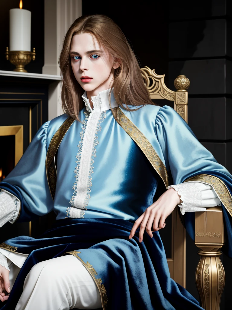 Portrait of Christopher Marlowe, sitting in chair near fireplace, white skin, piercing icy blue eyes, silky golden-brown hair, refined features, charp jawline, clean shaved, black Elizabethan velvet jerkin, white laced shirt, high quality, masterpiece, best quality, highres, 1man 