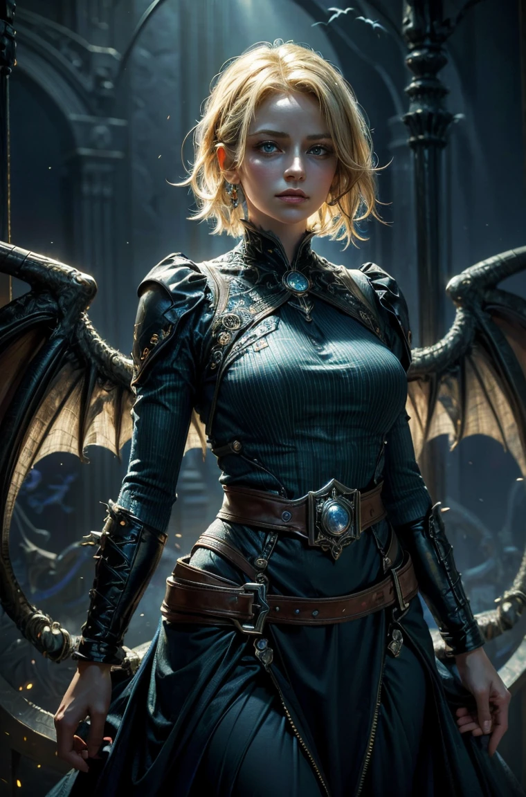 60 year old Standing wearing a ankle length or full colorful dress that covers her thighs BLONDE A female blonde succubus with bat wings tipped with claws, with mesmerizing feature masterpiece, top quality, best quality, official art, beautiful and aesthetic:1.2), (1girl), extreme detailed,(fractal art:1.3), colorful, highest detailed, (masterpiece, best quality:1.3) 1 bright-amber, blue, green cat like-eyes, professional digital painting, Unreal Engine 5. wearing a long dress, Hopeful expression, finely detailed eyes, happy mood, Wearing a full coverage blouse, epic scene, epic composition, Cinematic Lighting, Volumetric Lighting, ethereal light, intricate details, extremely detailed volumetric rays. oil painting, Detailed facial features, Sunlight, bright colors, dramatic lighting, expressive eyes and lips, High Resolution, 4K quality, Photorealistic