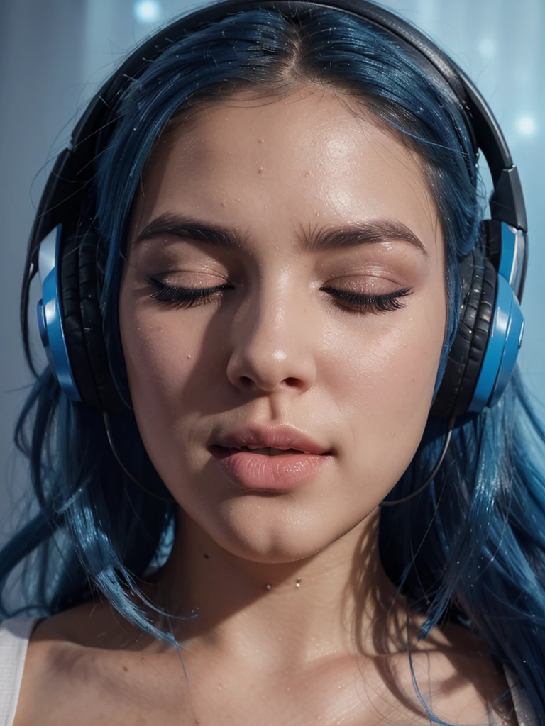 Close-up of a beautiful girl with eyes closed in satisfaction very long eyelashes with thick parted lips bright blue hair wearing a tight top, He is listening to music with his headphones, on a stage of very bright LED lights with blur, very perfect and detailed high resolution image 