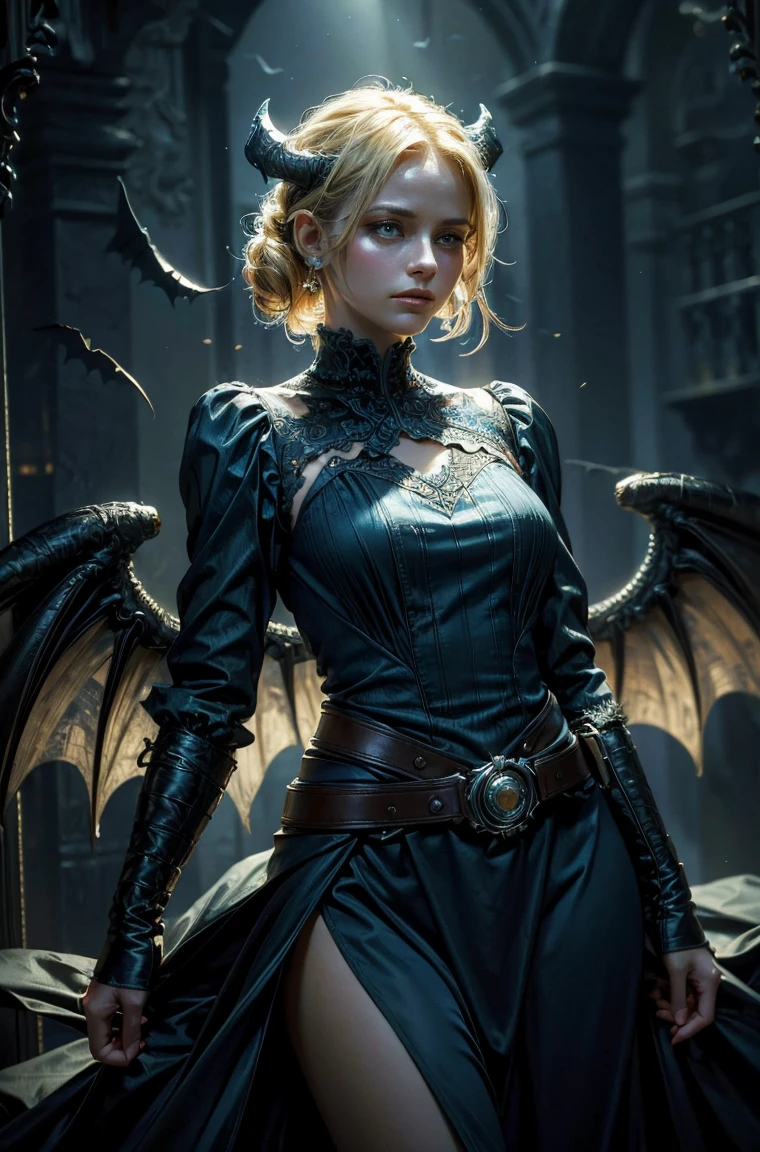 60 year old Standing wearing a ankle length or full colorful dress that covers her thighs BLONDE A female blonde succubus with bat wings tipped with claws, with mesmerizing feature masterpiece, top quality, best quality, official art, beautiful and aesthetic:1.2), (1girl), extreme detailed,(fractal art:1.3), colorful, highest detailed, (masterpiece, best quality:1.3) 1 bright-amber, blue, green cat like-eyes, professional digital painting, Unreal Engine 5. wearing a long dress, Hopeful expression, finely detailed eyes, happy mood, Wearing a full coverage blouse, epic scene, epic composition, Cinematic Lighting, Volumetric Lighting, ethereal light, intricate details, extremely detailed volumetric rays. oil painting, Detailed facial features, Sunlight, bright colors, dramatic lighting, expressive eyes and lips, High Resolution, 4K quality, Photorealistic