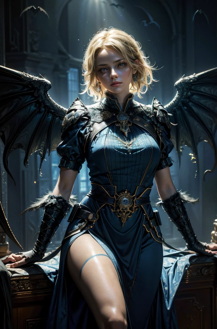 60 year old Standing wearing a ankle length or full colorful dress that covers her thighs BLONDE A female blonde succubus with bat wings tipped with claws, with mesmerizing feature masterpiece, top quality, best quality, official art, beautiful and aesthetic:1.2), (1girl), extreme detailed,(fractal art:1.3), colorful, highest detailed, (masterpiece, best quality:1.3) 1 bright-amber, blue, green cat like-eyes, professional digital painting, Unreal Engine 5. wearing a long dress, Hopeful expression, finely detailed eyes, happy mood, Wearing a full coverage blouse, epic scene, epic composition, Cinematic Lighting, Volumetric Lighting, ethereal light, intricate details, extremely detailed volumetric rays. oil painting, Detailed facial features, Sunlight, bright colors, dramatic lighting, expressive eyes and lips, High Resolution, 4K quality, Photorealistic