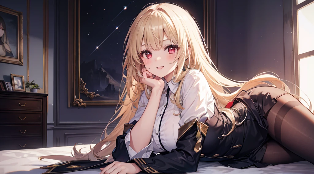 Highest quality, masterpiece, figure, wallpaper,One girl,White shirt, Light Hair, Beautiful detailed girl, Highly detailed eyes and face, Beautiful attention to detail, Shine,Browsing Caution, View your viewers, bed, night, Black Pantyhose, Straight hair, Red Eyes, long hair,Blonde, thick_Thighs, Large Breasts, Red eyes,Sitting,beautiful finger, clear background, deep night, Lying down、smile、Double teeth
