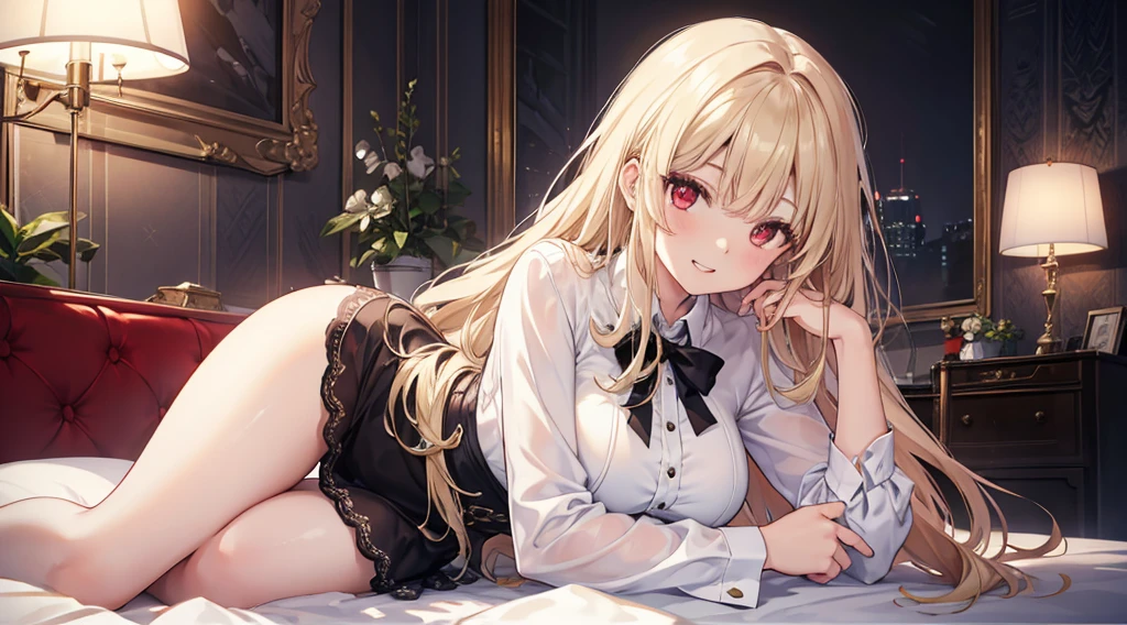 Highest quality, masterpiece, figure, wallpaper,One girl,White shirt, Light Hair, Beautiful detailed girl, Highly detailed eyes and face, Beautiful attention to detail, Shine,Browsing Caution, View your viewers, bed, night, Black Pantyhose, Straight hair, Red Eyes, long hair,Blonde, thick_Thighs, Large Breasts, Red eyes,Sitting,beautiful finger, clear background, deep night, Lying down、smile、Double teeth