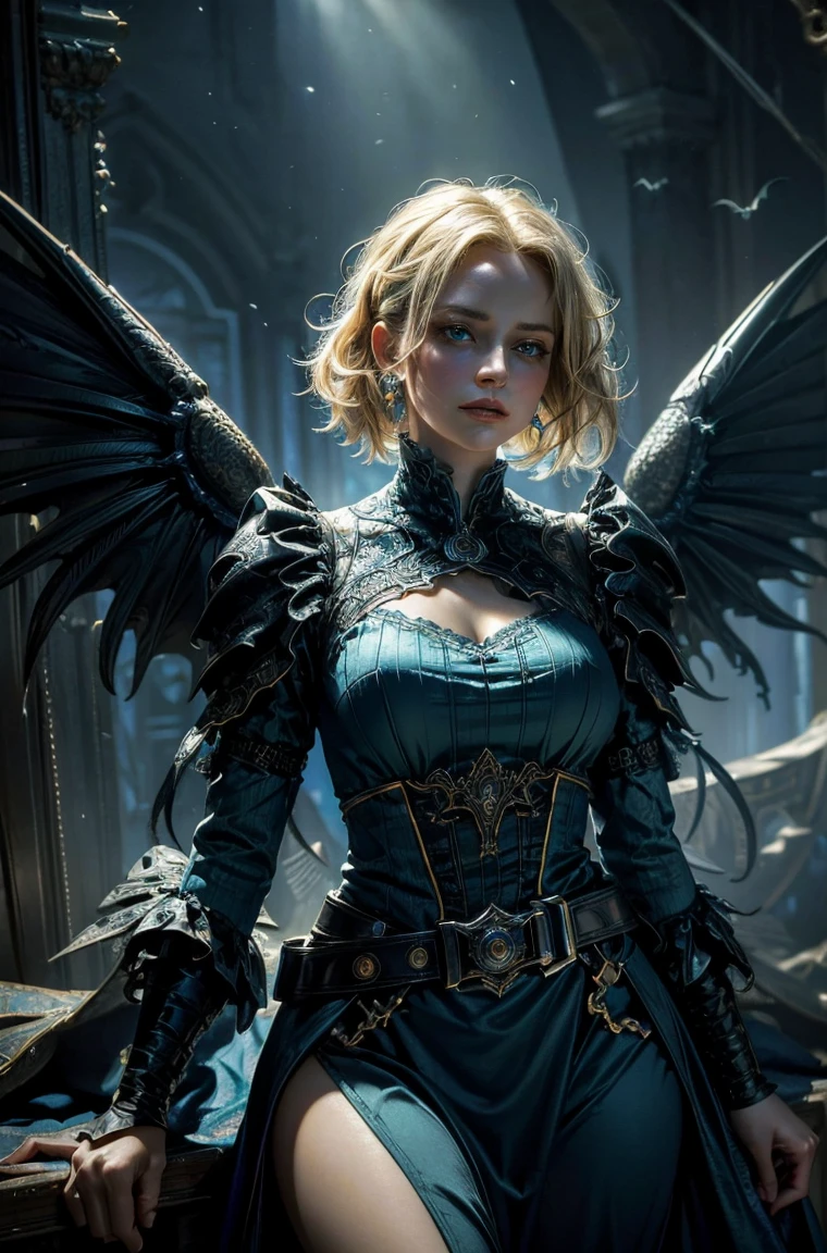 60 year old Standing wearing a ankle length or full colorful dress that covers her thighs BLONDE A female blonde succubus with bat wings tipped with claws, with mesmerizing feature masterpiece, top quality, best quality, official art, beautiful and aesthetic:1.2), (1girl), extreme detailed,(fractal art:1.3), colorful, highest detailed, (masterpiece, best quality:1.3) 1 bright-amber, blue, green cat like-eyes, professional digital painting, Unreal Engine 5. wearing a long dress, Hopeful expression, finely detailed eyes, happy mood, Wearing a full coverage blouse, epic scene, epic composition, Cinematic Lighting, Volumetric Lighting, ethereal light, intricate details, extremely detailed volumetric rays. oil painting, Detailed facial features, Sunlight, bright colors, dramatic lighting, expressive eyes and lips, High Resolution, 4K quality, Photorealistic