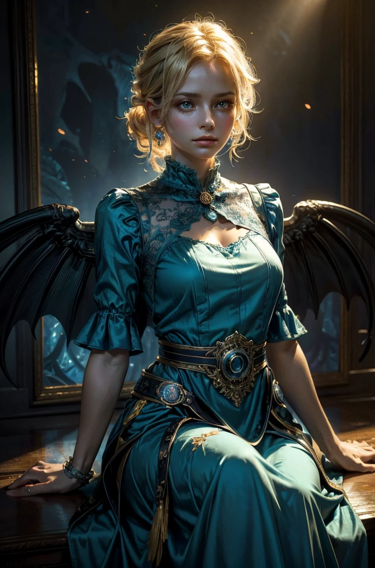 60 year old Standing wearing a ankle length or full colorful dress that covers her thighs BLONDE A female blonde succubus with bat wings tipped with claws, with mesmerizing feature masterpiece, top quality, best quality, official art, beautiful and aesthetic:1.2), (1girl), extreme detailed,(fractal art:1.3), colorful, highest detailed, (masterpiece, best quality:1.3) 1 bright-amber, blue, green cat like-eyes, professional digital painting, Unreal Engine 5. wearing a long dress, Hopeful expression, finely detailed eyes, happy mood, Wearing a full coverage blouse, epic scene, epic composition, Cinematic Lighting, Volumetric Lighting, ethereal light, intricate details, extremely detailed volumetric rays. oil painting, Detailed facial features, Sunlight, bright colors, dramatic lighting, expressive eyes and lips, High Resolution, 4K quality, Photorealistic