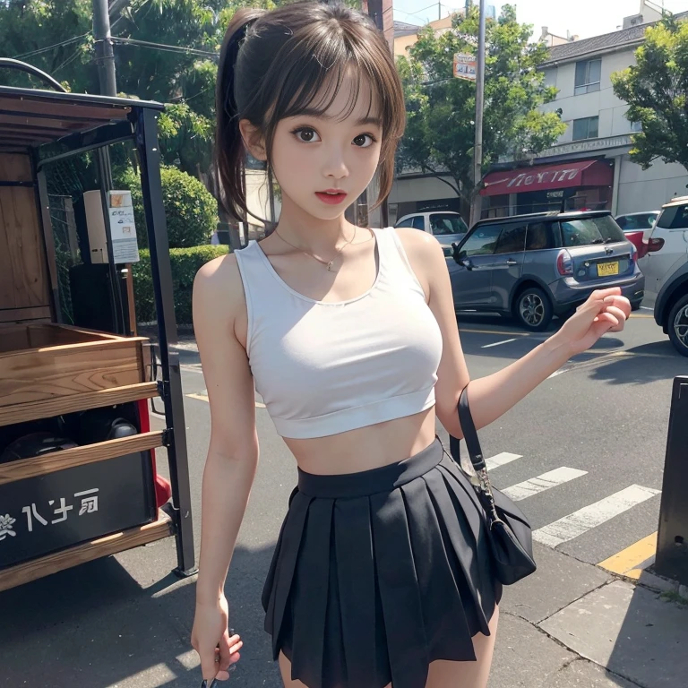 masterpiece、No underwear、Underwear、Underwearティ、(Tank Top and Flared Mini Skirt)、(((If you lift up the miniskirt a little, you can see)))、Outdoor exposed girl、I'I会去站台.、)))、Delicate eyes、超high resolution(Reality:1.4)Very extremely beautiful, Beautiful Skin, Slim,emaciated的身体、emaciated、Long and thin legs、 (超Reality主义), (high resolution), (8K), (Very detailed), (Ultra Detailed), Detailed face,、National Foundation、Collage、
