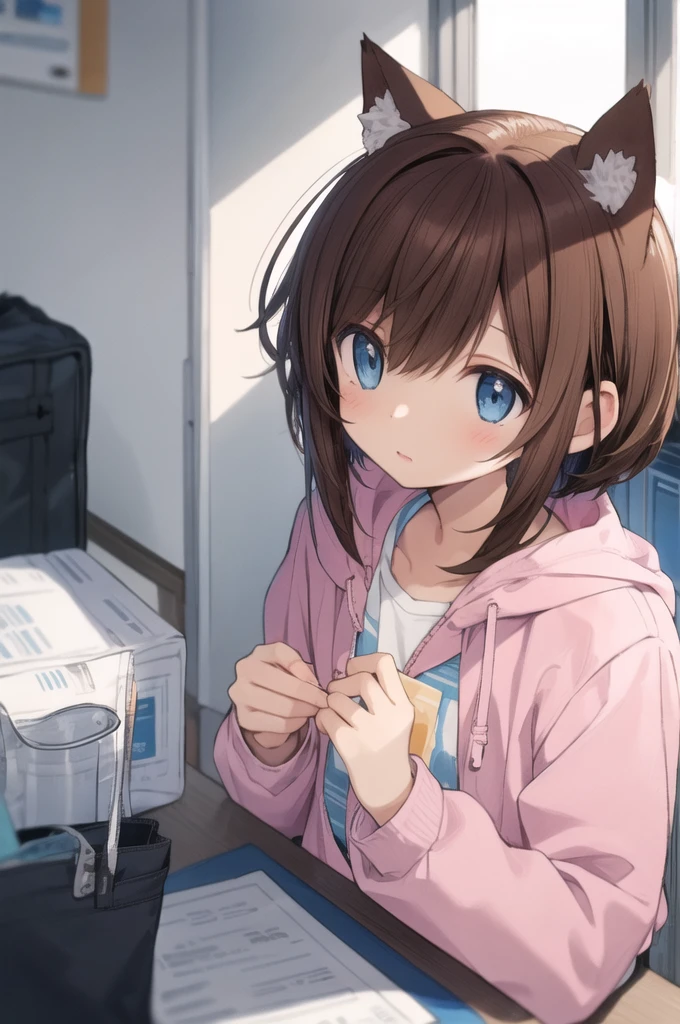 cute cat boy, close up shot, student, short messy brown hair, blue eyes, light blue and light pink jacket