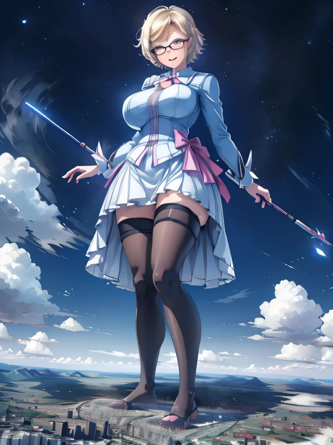 3girls, giantess art, highly detailed giantess shots, giantess, most detailed, perfect face, Two legs, Five fingers, short hair, A beautiful girl who is bigger than a skyscraper, Wearing rimless glasses, smile, huge breasts, blue base magical girl dress, bow, magical girl, holding a magical wand, black pantyhose, blue stiletto heels, thunderbolt from a magical wand, Destroying cities, Under heavy attack, A very small big city, Miniature metropolis, Full body description, GTS, giga giantess, stomping city, crash city, tiny city, micro city, pantyhose feet, High resolution, highest quality, masterpiece,