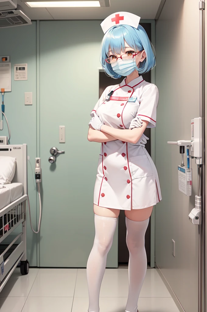 1girl, solo, nurse, nurse cap, white nurse uniform, ((white legwear, zettai ryouiki)), white gloves, glasses, blue hair, orange eyes, ((white surgical mask, covered nose)), standing, ((hospital room)), sharp outline, short sleeves, best quality, masterpiece