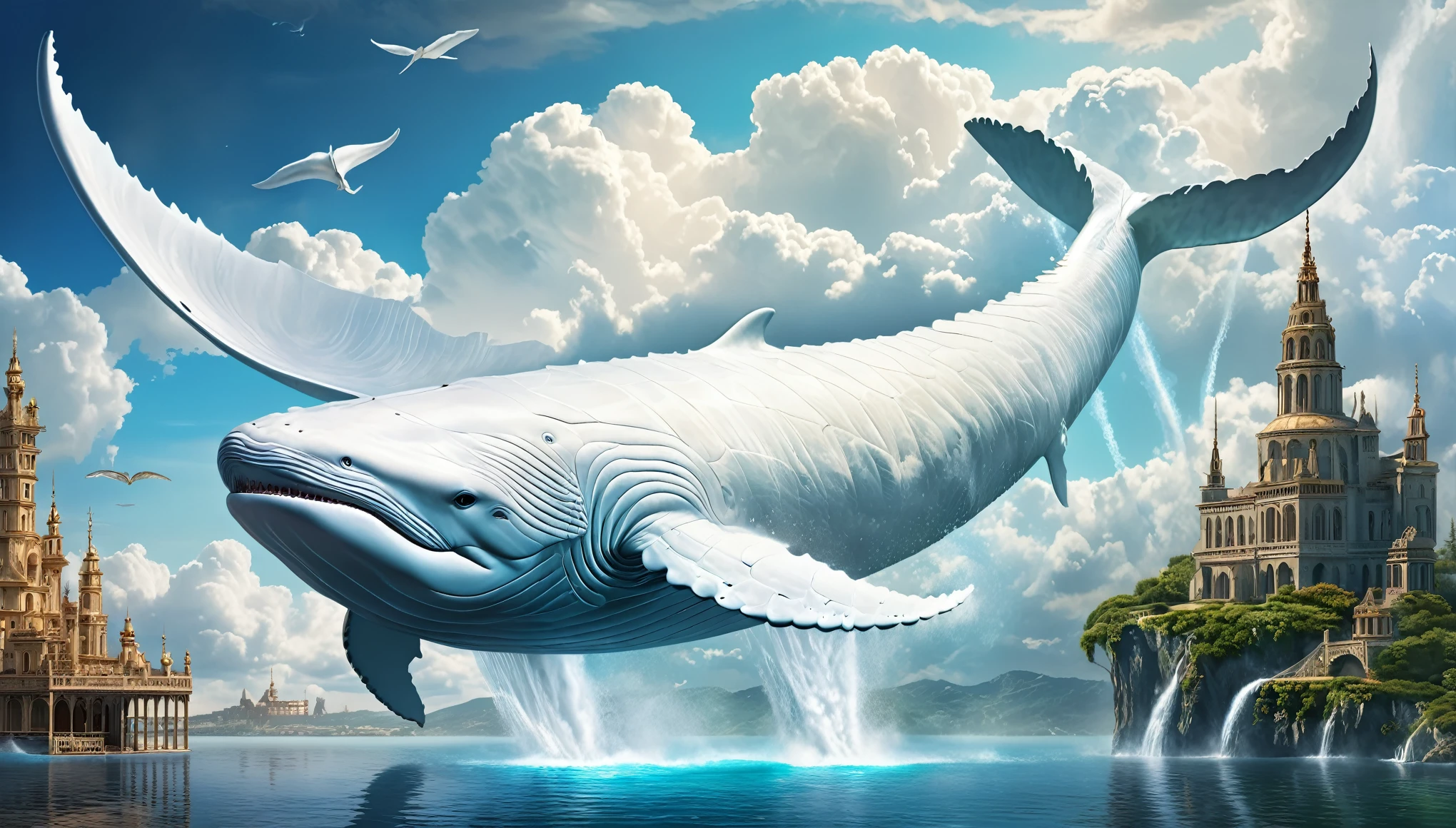 (Masterpiece:1.2),fantasy art, giant ((white whale ))with wings, Floating in the air,, surreal scenery, Magical atmosphere, Intricate details, majestic architecture, ethereal clouds, Vibrant colors, Breathtaking scale, fairytale-like, Soft and dreamy lighting, , awe-inspiring composition, intricate textures, Fantasy elements, , otherworldly beauty, an epic fantasy, a peaceful and serene atmosphere, Mesmerizing and fascinating
