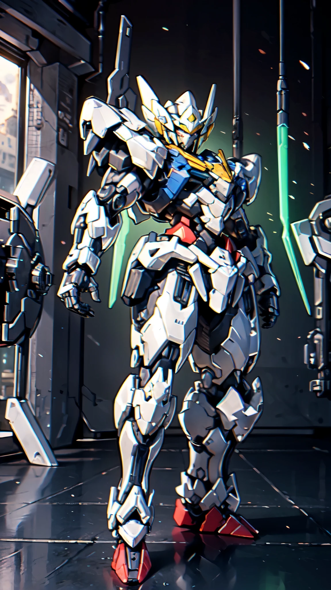 (masterpiece:1.5, best quality:1.5, extremely delicate:1.5), humanoid Mecha, fully enclosed shoulder guards, matching arm and leg guards, full body, full armor, the design balances heavy with agility, (the color scheme is primarily white with red and blue accents, the concept Inspired by Super robot, organic biotech armor, standing, floating high above the futuristic sci-fi city), exquisite and mature art style, (aura effect, energy, glowing eyes, the armor glows), metallic, dramatic, high definition, highres, ultra-detailed, ultra-fine painting, professional, perfect body proportions, anatomically correct, symmetrical face, extremely detailed eyes and face, high quality eyes, creativity, RAW photo, UHD, 32k, Natural light, cinematic lighting, masterpiece-anatomy-perfect