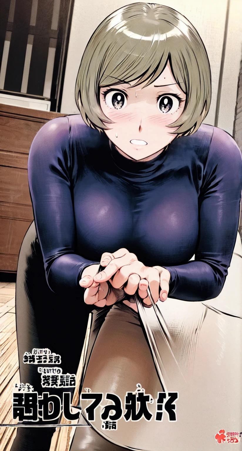、(masterpiece、Highest quality)、Highest quality, Ultra-high resolution, (((masterpiece))), alone, Sweat、Big eyes,office、tight white dress shirt、Tight black suit、Tight black pants、indoor、Composition from the front、（後ろCut your hair short、short hair、blonde、woman）、Shortcuts、Embarrassed face、Cut your hair short、可愛いwomanの子、Big Breasts