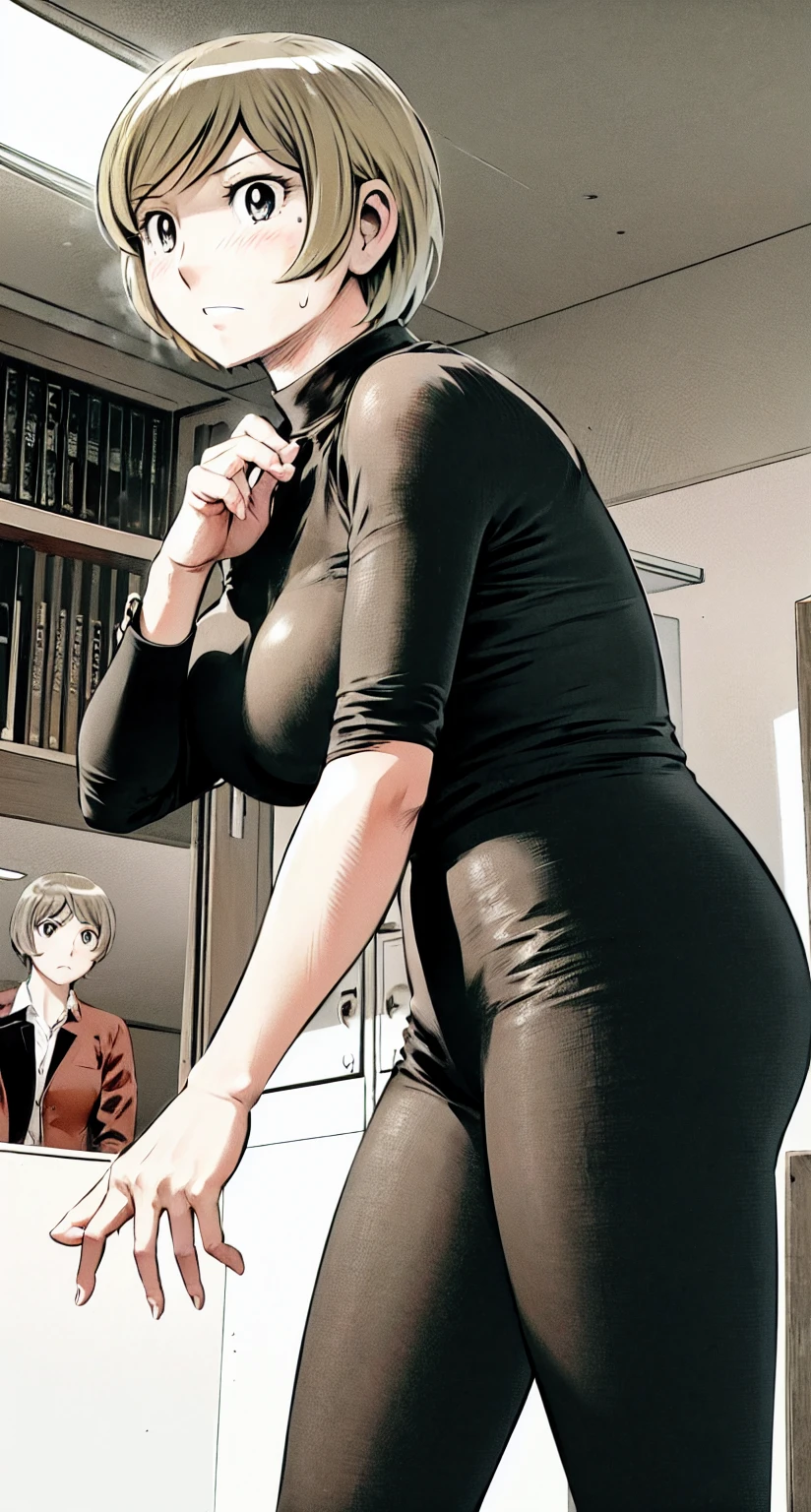 、(masterpiece、Highest quality)、Highest quality, Ultra-high resolution, (((masterpiece))), alone, Sweat、Big eyes,office、tight white dress shirt、Tight black suit、Tight black pants、indoor、Composition from the front、(後ろCut your hair short、short hair、blonde、woman)、Shortcuts、Embarrassed face、Cut your hair short、可愛いwomanの子、Big Breasts