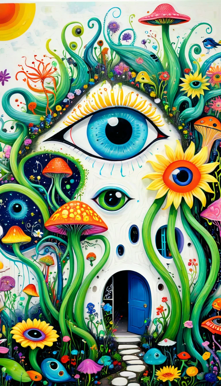 Children's graffiti,Thick coating,Concave and convex texture,Oil pastel strokes:大树上的house,house、flowesh、Tentacles、bird、(((Eye)))、diatom,Abstract mosaic painting,Describing the inner world of autistic people,Sense of space,White Space,interesting,Innocence,Psychedelic Art,