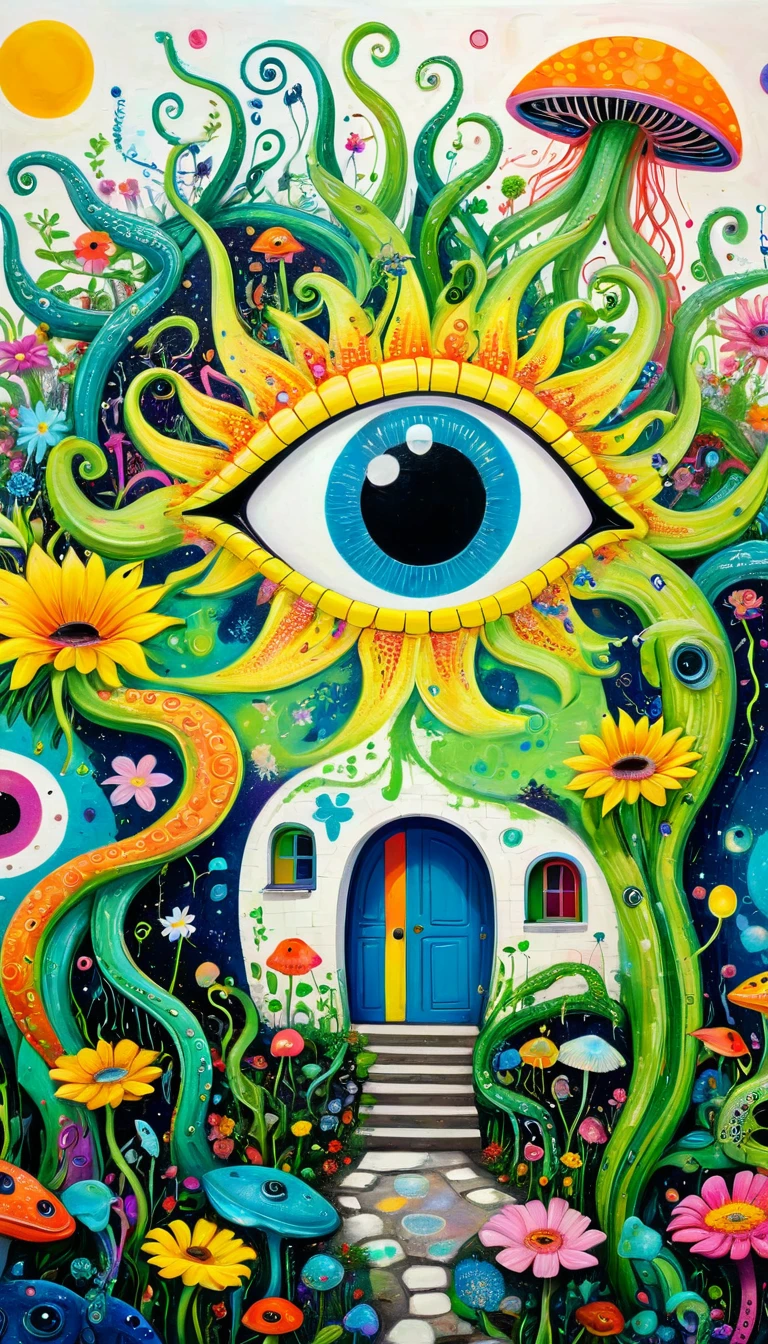 Children's graffiti,Thick coating,Concave and convex texture,Oil pastel strokes:大树上的house,house、flowesh、Tentacles、bird、(((Eye)))、diatom,Abstract mosaic painting,Describing the inner world of autistic people,Sense of space,White Space,interesting,Innocence,Psychedelic Art,