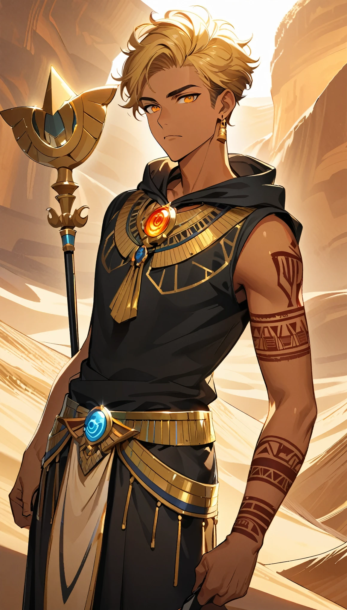 Desert Background，Handsome young man, blond, Orange Eyes, short hair, Black Hoodie,high quality, Draw Amount, pixiv illustrations，Tanned skin，Red tattoo on the arm，(Egyptian style，Egyptian Dress Up)，Scepter，earrings，Sunlight，((Vision)),Wide-angle lens，full-body shot