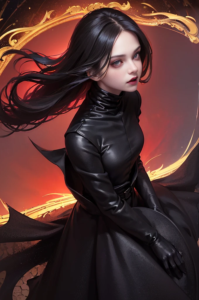 (skindentation:1.5), Realistic, Photorealistic, (masterpiece:1.5), concept art, intricate details, highly detailed, photorealistic, octane render, 8k, unreal engine, dynamic pose, best quality, highres, (realistic face:1.1), (hyperrealistic:1.1), (((full_body))), perfect eyes,(shiny skin:1.2), (((hairstyle))), (((perfect handtremely detailed background), ((dynamic background)), ((1girl)), (((wearing black jumpsuit, dark red long wizard cape))), ((detailed eyes, high quality eyes, high quality face)), (extremely intricate cape), long black hair, dramatic, depth of field, bokeh, 4k, (((underworld))), ((floating in the air)), (((black magic witch))), (((fierce eyes)))