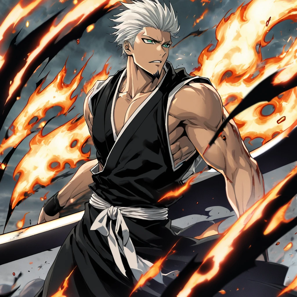 1 boy, male focus, Intricate details, 1 man, handsome, white hair, vibrant green eyes, slim muscles, アニメ, 19 years old, 19 years old, a small goatee, Shinigami kimono, Shinigami, bleach style, bleach, Tank top, kimono , bleach, bleach style (black kimono), (the character would be releasing all his power on the battlefield, using your scythe launching negative flames at your opponents, leaving the entire battlefield in black flames)