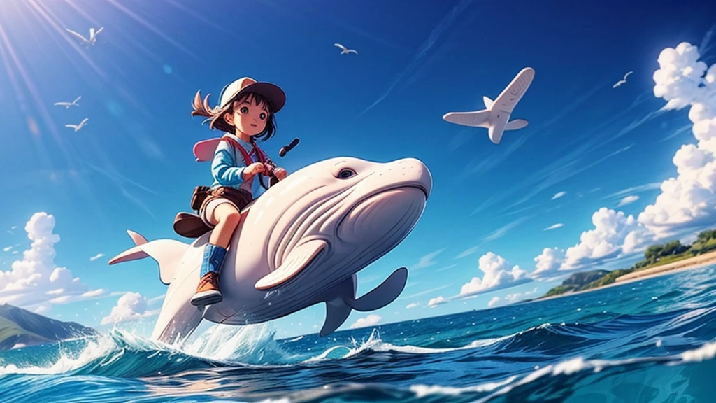 Girl riding a flying whale、Clear skies、Fresh breeze、