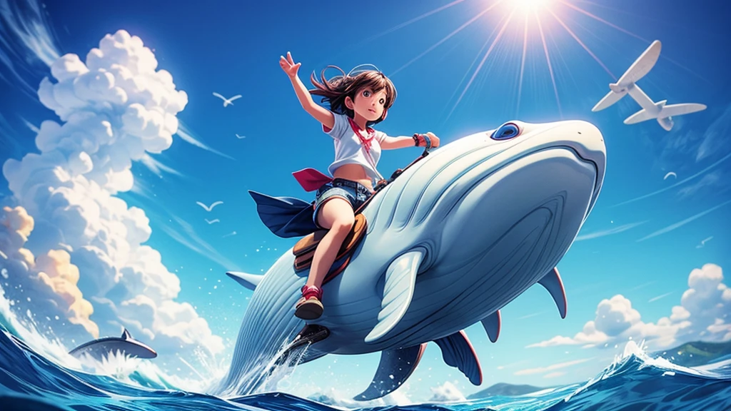 a whale flying through space, girl riding on whale's back, dramatic cinematic lighting, vibrant colors, masterpiece, 8k, photorealistic, digital painting, ultra-detailed, sharp focus, physically-based rendering, vivid colors, professional