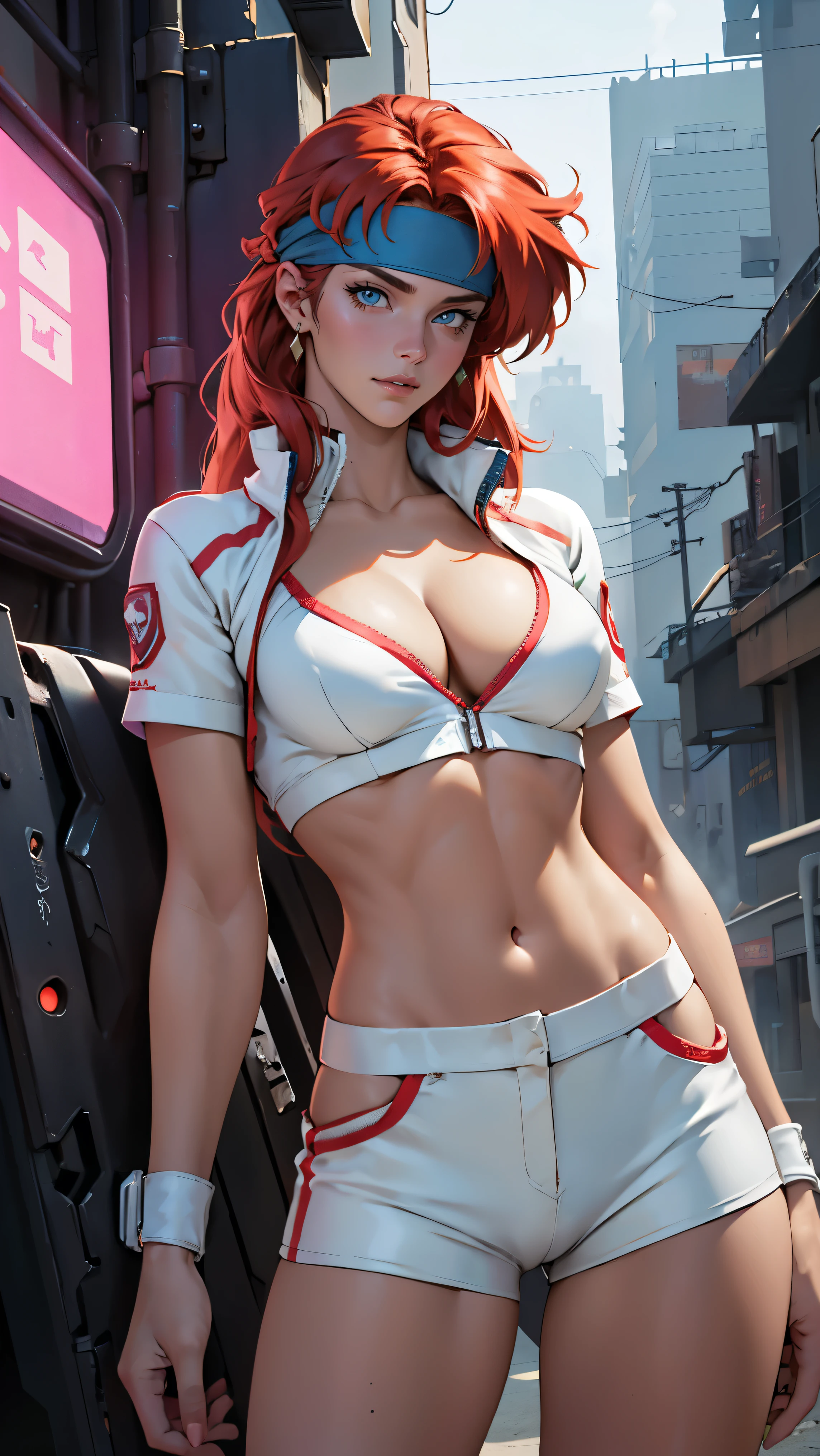 ((Masterpiece, highest quality; 1.3)), super quality, beautiful detail, super detailed, extra fine, 16K, exquisite, absurd, high resolution, beautiful background, detailed background, beautiful eyes, beautiful skin, anime style, Kay from Dirty Pair in a white outfit, tight outfit, cleavage, bushy redhead beauty, very light blue uniform, wearing tight clothes, skimpy, (mid chest: 1.2), cleavage, cleavage, slim waist , thin waist, slim thighs, thin legs, slim legs. thigh gap, showing stomach, skinny, thin hips, cyberpunk city background, holding retro space gun , headband,