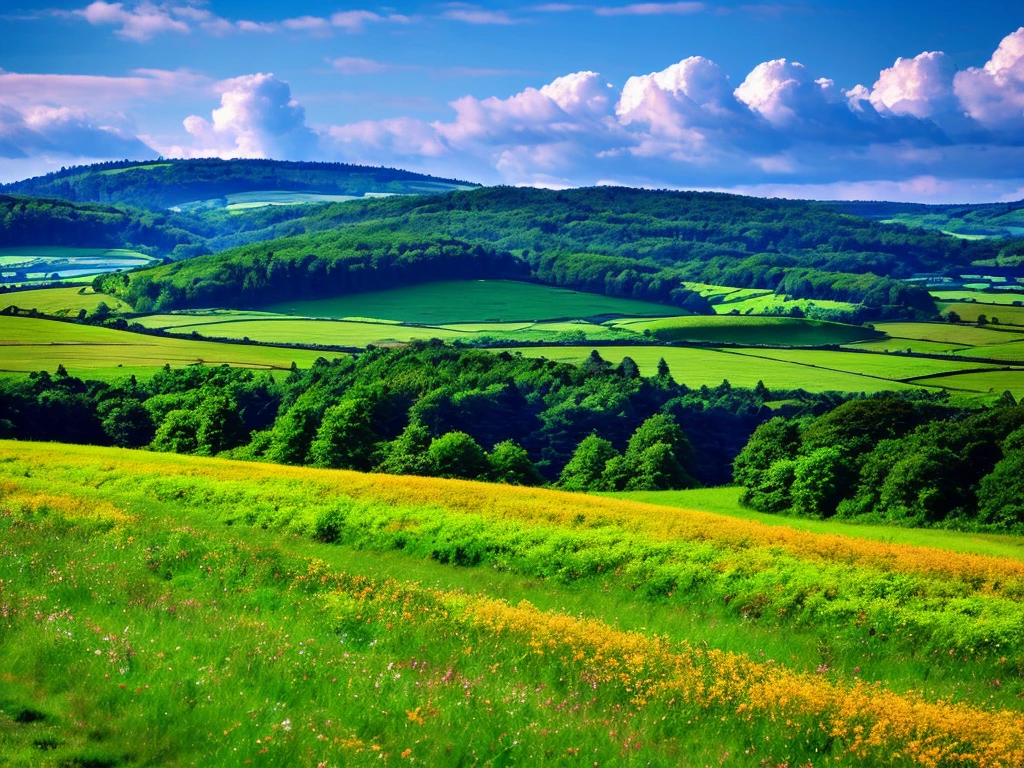Japan countryside，steppe landscape，blues sky and clouds,  green forest, Dingdall effect，A winding country road，Colorful hot air balloons，high quality desktop wallpaper, verdant forest, detailed fields nature, beautiful english countryside, Stunning landscape, Rolling hills, Landscape wallpaper, lush countryside, Patches of green forest, breathtaking landscape, green fields in the background, High quality wallpaper, Beautiful wallpaper