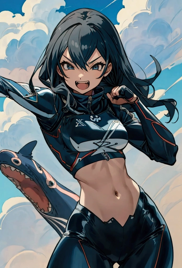 anime(best quality)(masterpiece) anthropomorphic, 1killer_whale, whale, flying on the clouds, muscle, crop top, straight body posture, smile, sharp teeth, excited expression, HD, best wallpaper, vivid color, tight costume shows the bodyline, super detailed, cinematic movement, dynamic movement, dynamic motion