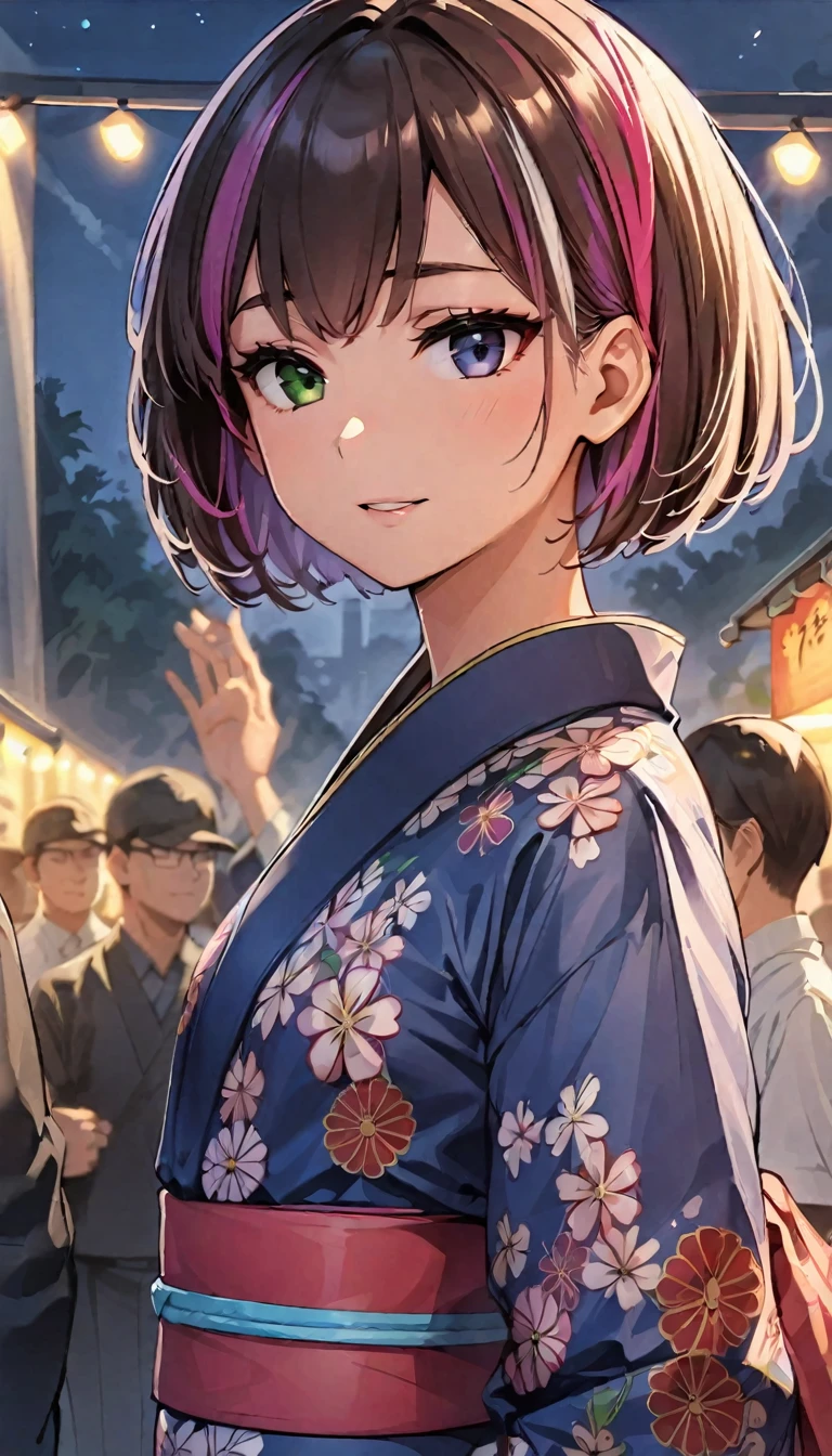 (highest quality:1.2, Very detailed, up to date, Vibrant, Ultra-high resolution, High Contrast, masterpiece:1.2, highest quality, Best aesthetics), Portraiture、girl、solo, (25-years-old:1), slim, , heterrochromia, green eye, red eye, (traditional yukata), summer festival, bon dance, Bright colors、Beautiful fine details、Beautiful lip detail、extra short hair, ((bob cut:1.5))、pink and purple, ((streaked hair:1.9)), (highlights hair: 1.6), (small breast:1.3), (tan skin:0.7), cowboy shot:1