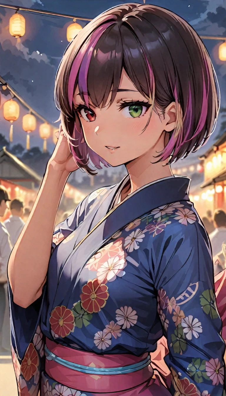 (highest quality:1.2, Very detailed, up to date, Vibrant, Ultra-high resolution, High Contrast, masterpiece:1.2, highest quality, Best aesthetics), Portraiture、girl、solo, (25-years-old:1), slim, , heterrochromia, green eye, red eye, (traditional yukata), summer festival, bon dance, Bright colors、Beautiful fine details、Beautiful lip detail、extra short hair, ((bob cut:1.5))、pink and purple, ((streaked hair:1.9)), (highlights hair: 1.6), (small breast:1.3), (tan skin:0.7), cowboy shot:1