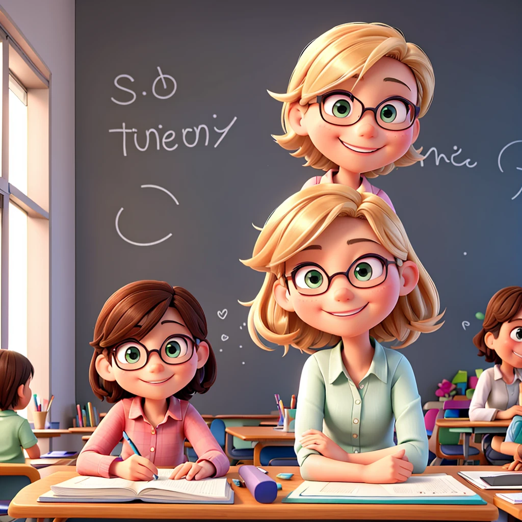image of a happy teacher writing on the board with chalk while happy students are studying