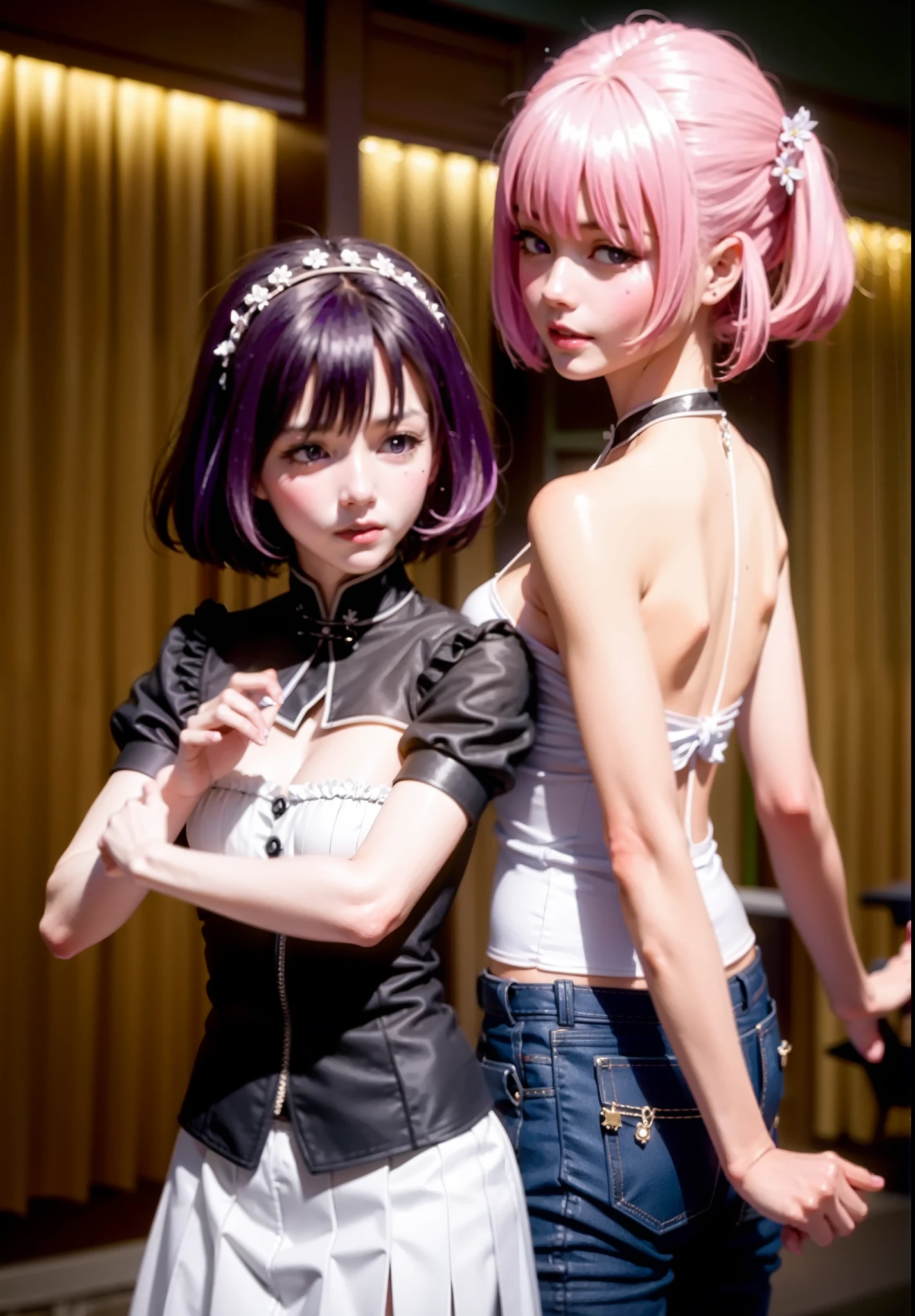 Momodebilke, Deviluke Type, demon tail, Hair Flower, hair ornaments, happy smile, smile, Open your mouth,blush,(Purple eyes:1.1), Pink Hair, short hair, tail, smile,Chinese clothing,slit,Black pantyhose,Stiletto heels,Walking,Cafe, remainder, food, drink, Tables and chairs, cleaning, tray, tray in one hand全身がイラストに入るように,
break indoors, Chinese style coffee shop,
break looking at viewer, (Cowboy Shot:1.5),
break (masterpiece:1.2), Highest quality, High resolution, unity 8k wallpaper, (figure:0.8), (beautiful detailed eyes:1.6), extremely detailed face, Perfect lighting, extremely detailed CG, (Perfect hands, Perfect Anatomy),