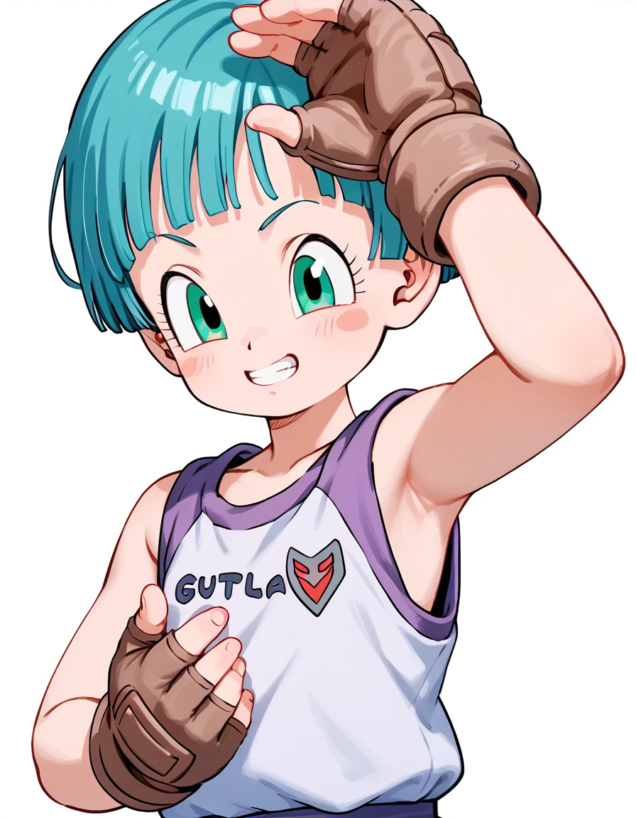 female pan \(dragon ball\), 1garota, cabelo preto, cabelo curto, olhos pretos anime character with blue hair and green eyes. She is wearing a pink and purple sleeveless top with the word \"Bulma\" written on it, and she has a brown glove on her left hand, best artstation fanart, anatomically correct, super detailed, high quality, 4K