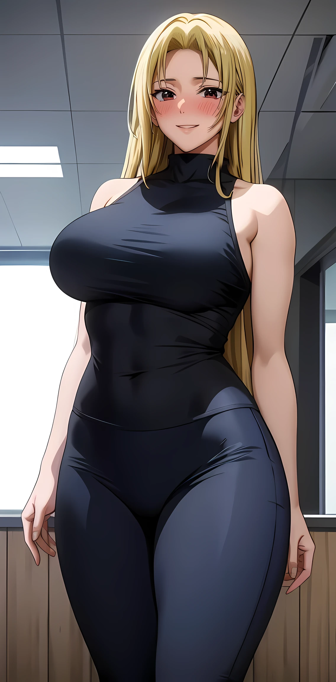 Yuki tsukumo from jujutsu kaisen, long hair, blonde hair, front view detailed body, long belly, big , tight body , thicc medium breast , thicc thighs, standing , front shot, facing at viewer, looking at viewer, facing at viewer, bodysuit, standing, gym, indoors, Facing the front, the picture is taken from the front 