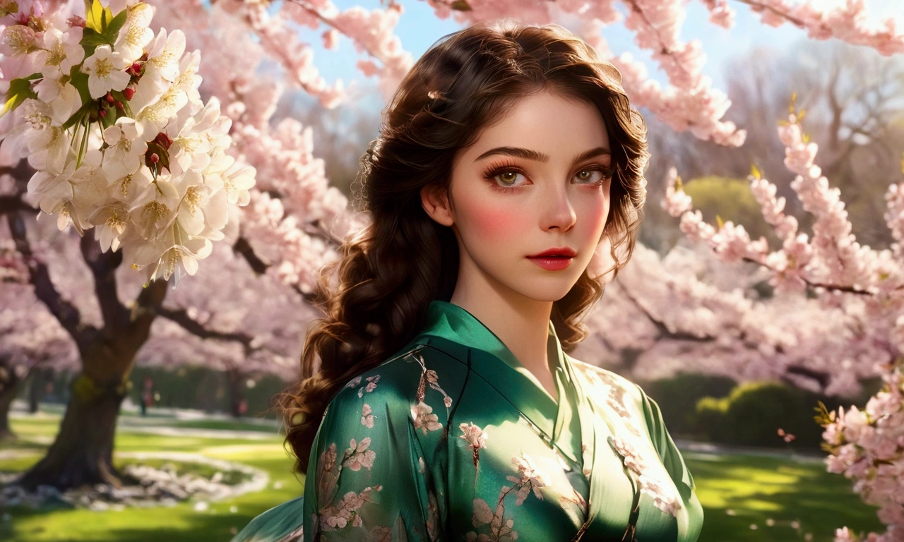 a beautiful young woman, detailed eyes, beautiful detailed lips, extremely detailed and realistic face, long eyelashes, elegant green dress, in a lush garden setting, with cherry blossoms, warm afternoon sunlight, vibrant colors, photorealistic, cinematic lighting, 8k, masterpiece