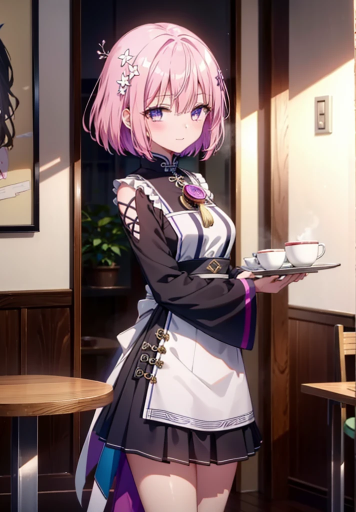 Momodebilke, Deviluke Type, demon tail, Hair Flower, hair ornaments, happy smile, smile, Open your mouth,blush,(Purple eyes:1.1), Pink Hair, short hair, tail, smile,Chinese clothing,slit,Black pantyhose,Stiletto heels,Walking,Cafe, remainder, food, drink, Tables and chairs, cleaning, tray, tray in one hand全身がイラストに入るように,
break indoors, Chinese style coffee shop,
break looking at viewer, (Cowboy Shot:1.5),
break (masterpiece:1.2), Highest quality, High resolution, unity 8k wallpaper, (figure:0.8), (beautiful detailed eyes:1.6), extremely detailed face, Perfect lighting, extremely detailed CG, (Perfect hands, Perfect Anatomy),