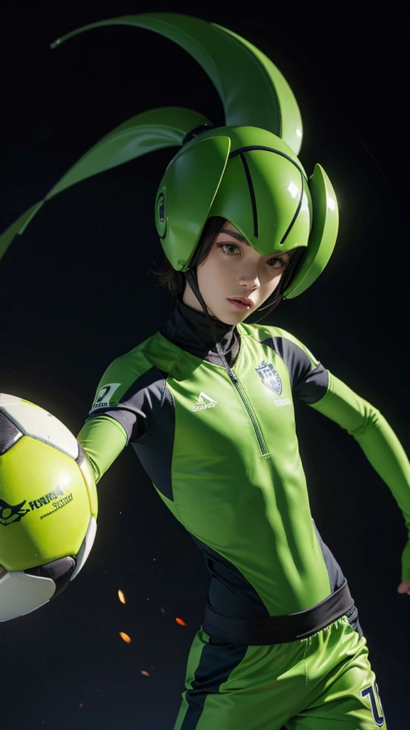 A male green alien playing soccer. On a galaxy