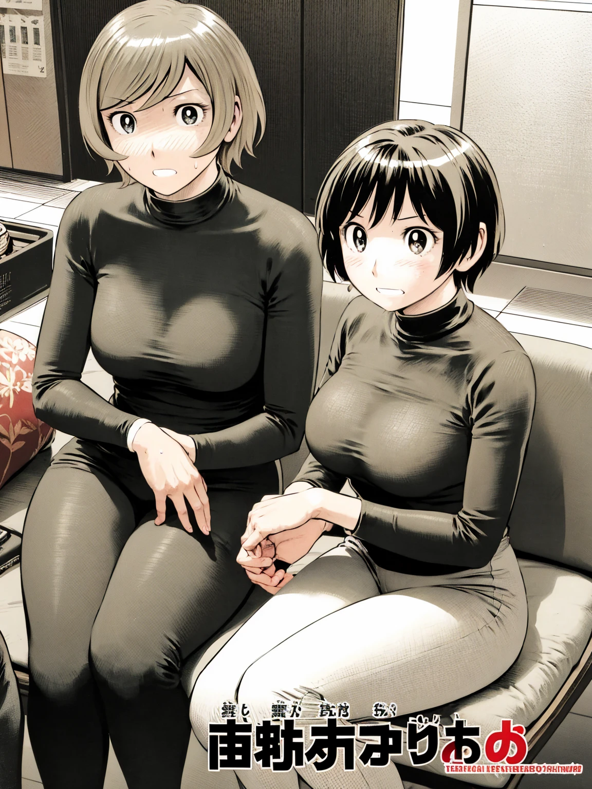 、(masterpiece、Highest quality)、Highest quality, Ultra-high resolution, (((masterpiece))), alone, Sweat、Big eyes,office、tight white dress shirt、Tight black suit、Tight black pants、indoor、Composition from the front、(後ろCut your hair short、short hair、blonde、woman)、Shortcuts、Embarrassed face、Cut your hair short、可愛いwomanの子、Big Breasts、Sit on a chair、Face to face、Composition from the front、View your audience