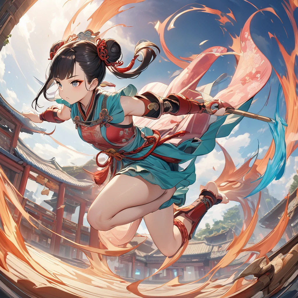 Create a full-body of a youthful black hair Japanese loil with an energetic and determined expression. The character have a double hair bun secured with a golden headband, and the face should feature bold red and dark Peking opera makeup with eyes full of courage and resolution. The facial features need to be highly realistic, with particular attention to the eyes, nose, and mouth. Wide angle view, fisheye lens technique, fixed camera position. The Character Portrayal: 18 year old beautiful loil Ming Dynasty warrior, head hairstyle: dark double bun hair, combed into two double sideburns similar to Chunli's hairstyle; she is wearing a pink lavender embroidered belly-band, pink three-petal lotus-leaf wrist guards, a light green lotus-leaf skirt, bare feet without shoes, pink ankle guards and three-petal lotus-leaf ornaments, each fire ring on her left and right feet, which follow the movements of her feet with a slight fluttering motion. She holds a chinese long spear in her left hand, the tip of which glints with a cold light. In her right hand hold a Gold Hula ring. The back is encircled by the red float Dunhuang ribbon , which follows the movement of her back with a slight sway. Movement: Ne Zha's overall direction of movement pans slightly towards the [top] of the screen, the direction of her cute head [slightly upwards to the right], the direction of her upper torso [upwards], the direction of her left arm's movement [slightly upwards], the direction of her right leg's movement [downwards], and the left leg's movement [downwards] as well. High Performance, Slow Motion, 4K, 3DCG, Unreal Engine, Game CG, Game Demo, High Surface Count, Ne Zha's delicate toes, Hanging Weiya, Ne Zha's delicate features. {{masterpiece}}, best quality, illustration, 1 girl, {double bun}, small breast, beautiful detailed eyes.