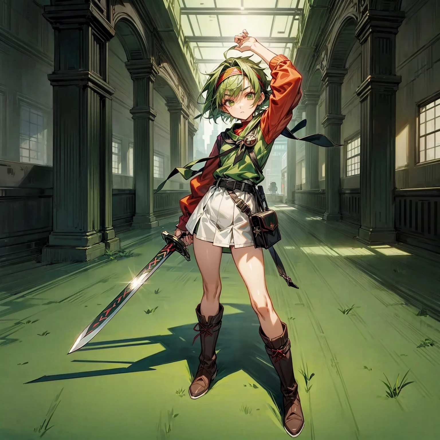 1girl, Full body version, 1character, green eyes, short haircut, green color hair, knight army style clothing, red colour clothing, headband bandana, boots, Grassroots, background in room city building, motion blur, (Hunter x Hunter style art), standing gesture, sword in hand