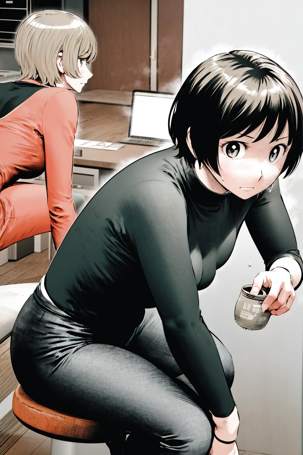 、(masterpiece、Highest quality)、Highest quality, Ultra-high resolution, (((masterpiece))), alone, Sweat、Big eyes,office、tight white dress shirt、Tight black suit、Tight black pants、indoor、Composition from the front、(後ろCut your hair short、short hair、blonde、woman)、Shortcuts、Embarrassed face、Cut your hair short、可愛いwomanの子、Big Breasts、Sit on a chair、Face to face、Composition from the front、View your audience